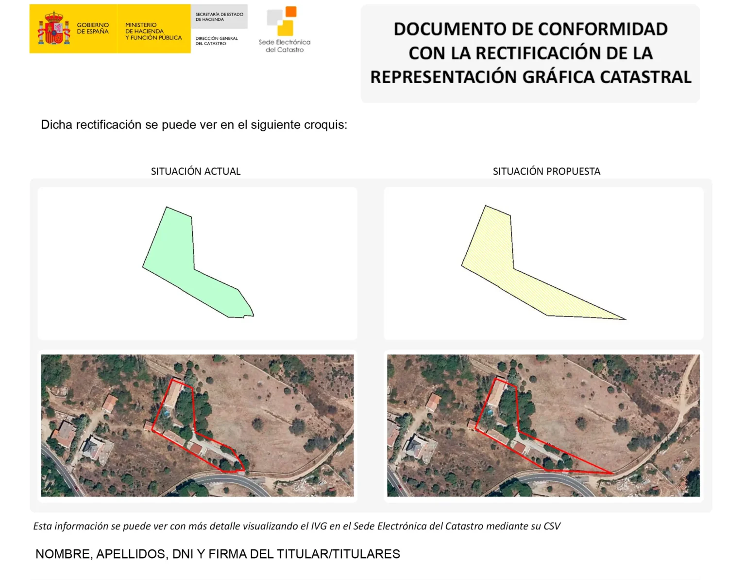 Documento de conformidad con la representación grafica catastral en la que se ve las delimitaciones antes y después del estudio topográfico.