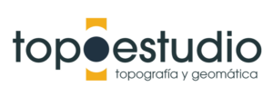 Logotipo de Topoestudio, versión naranja y azul marino horizontal.