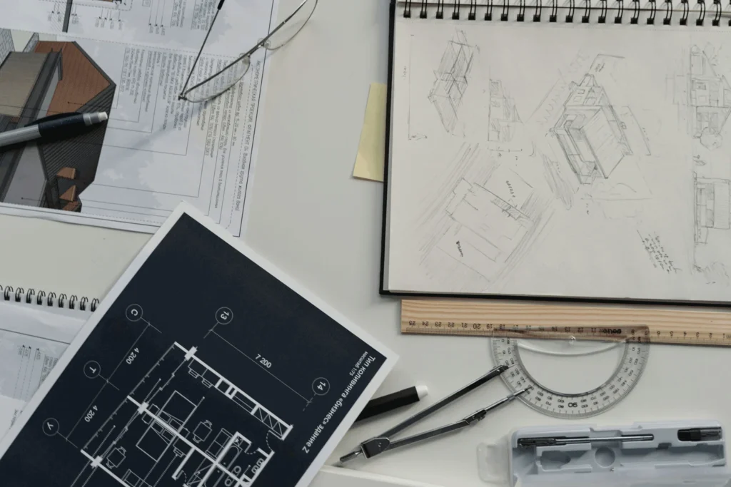 Foto cenital sobre una mesa de trabajo en la que se pueden ver dibujos a mano alzada, materiales de dibujo lineal y la digitalización del plano de una casa.